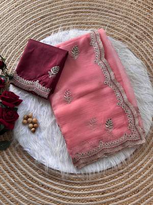 peach chiffon saree with embroidery and detailed border 3