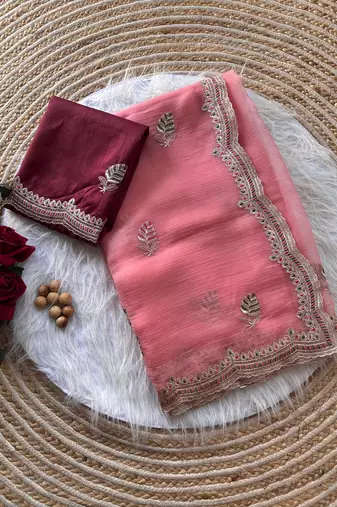 peach chiffon saree with embroidery and detailed border