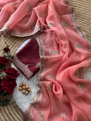 peach chiffon saree with embroidery and detailed border 4