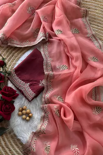 peach chiffon saree with embroidery and detailed border