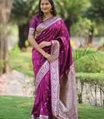Burgundy soft banarasi silk zari weaving saree with matching blouse piece