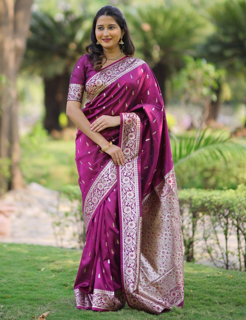 Burgundy soft banarasi silk zari weaving saree with matching blouse piece