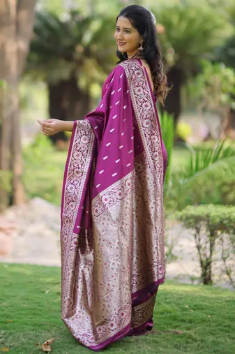 Burgundy soft banarasi silk zari weaving saree with matching blouse piece