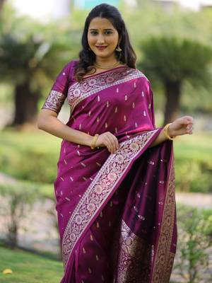 Burgundy soft banarasi silk zari weaving saree with matching blouse piece 3