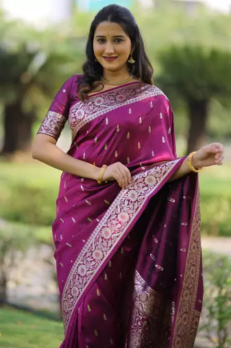 Burgundy soft banarasi silk zari weaving saree with matching blouse piece