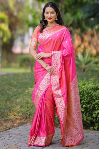 Coral soft banarasi silk zari weaving saree with matching blouse piece