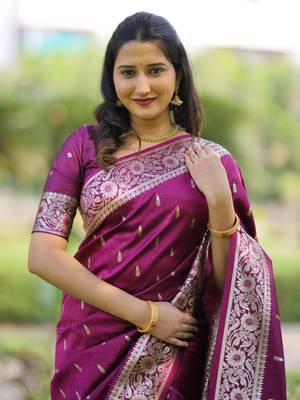 Burgundy soft banarasi silk zari weaving saree with matching blouse piece 4