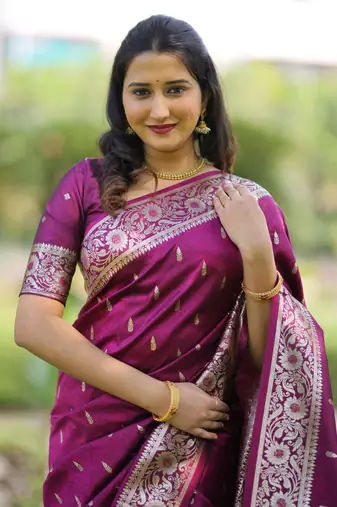 Burgundy soft banarasi silk zari weaving saree with matching blouse piece
