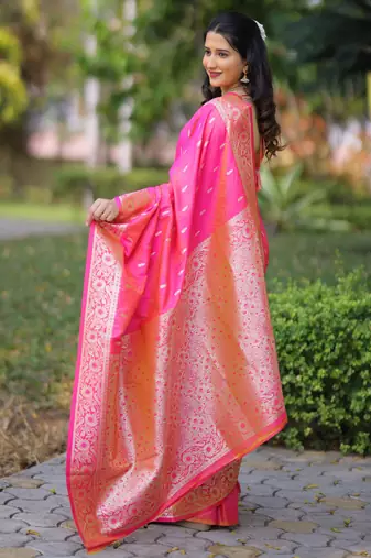 Coral soft banarasi silk zari weaving saree with matching blouse piece