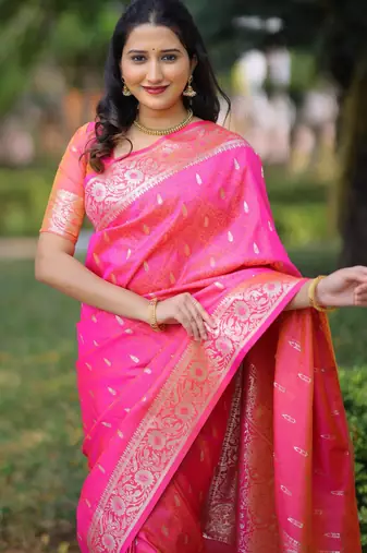 Coral soft banarasi silk zari weaving saree with matching blouse piece