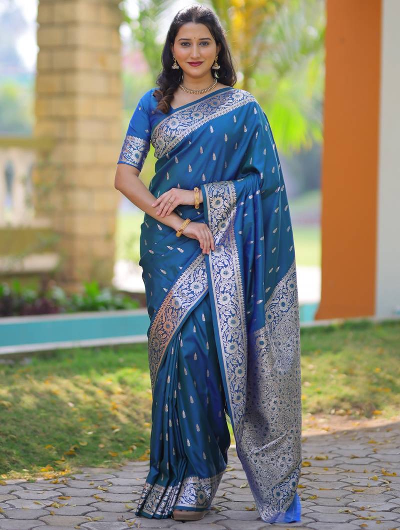 Teal soft banarasi silk zari weaving saree with matching blouse piece