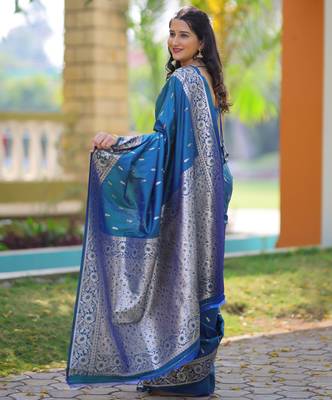 Teal soft banarasi silk zari weaving saree with matching blouse piece 2