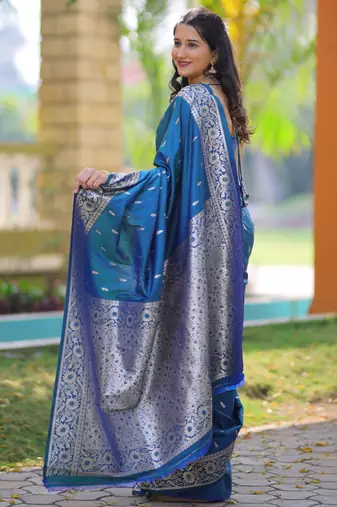 Teal soft banarasi silk zari weaving saree with matching blouse piece