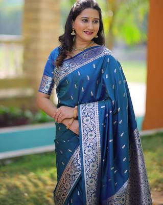 Teal soft banarasi silk zari weaving saree with matching blouse piece 3