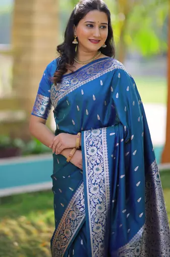 Teal soft banarasi silk zari weaving saree with matching blouse piece