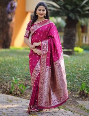 Pink soft banarasi silk zari weaving saree with matching blouse piece 1