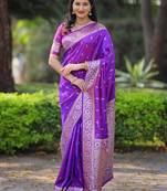 Purple soft banarasi silk zari weaving saree with matching blouse piece