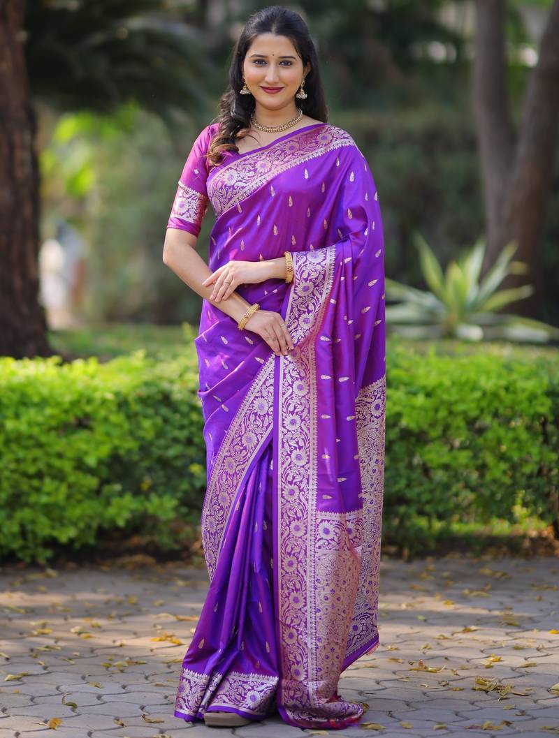 Purple soft banarasi silk zari weaving saree with matching blouse piece