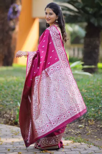 Pink soft banarasi silk zari weaving saree with matching blouse piece