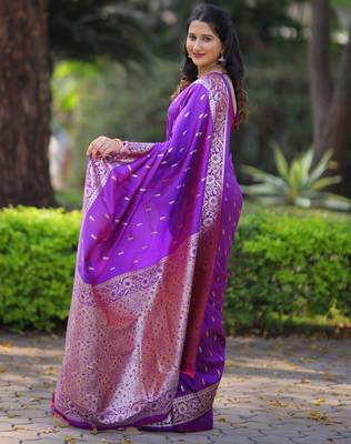 Purple soft banarasi silk zari weaving saree with matching blouse piece 2