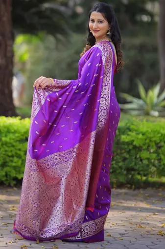 Purple soft banarasi silk zari weaving saree with matching blouse piece