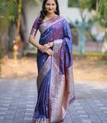 Blue soft banarasi silk zari weaving saree with matching blouse piece