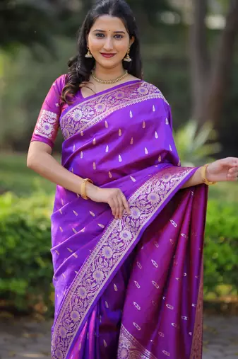 Purple soft banarasi silk zari weaving saree with matching blouse piece