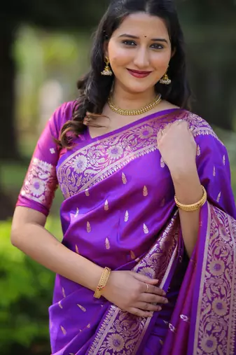 Purple soft banarasi silk zari weaving saree with matching blouse piece