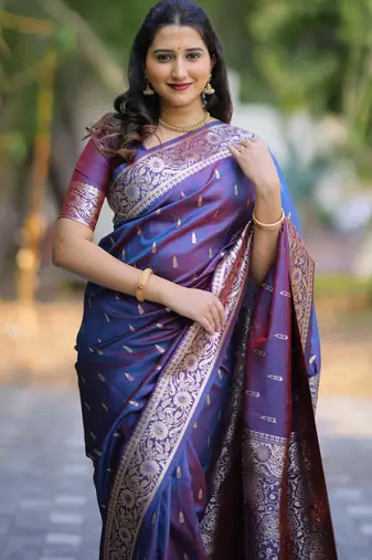 Blue soft banarasi silk zari weaving saree with matching blouse piece