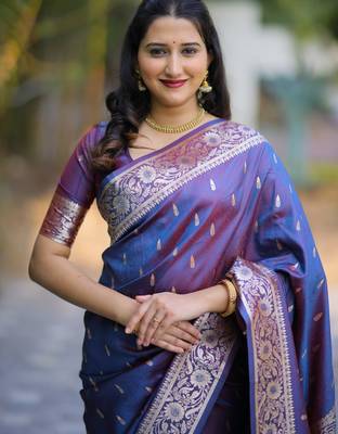 Blue soft banarasi silk zari weaving saree with matching blouse piece 4