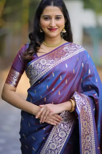 Blue soft banarasi silk zari weaving saree with matching blouse piece