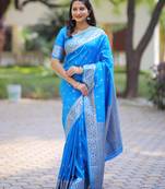 Blue soft banarasi silk zari weaving saree with matching blouse piece