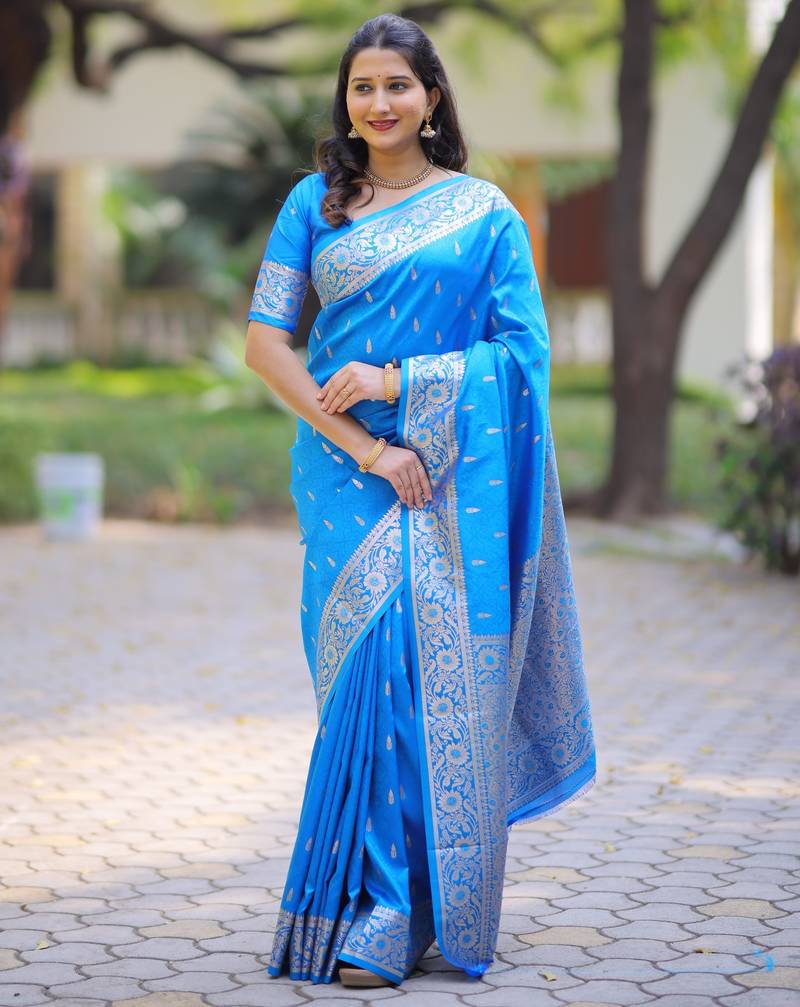Blue soft banarasi silk zari weaving saree with matching blouse piece