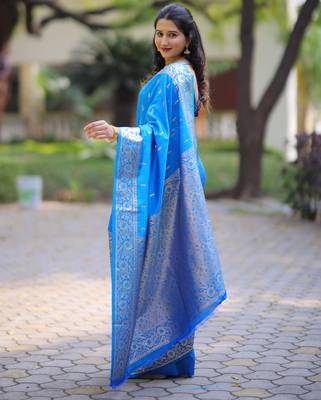 Blue soft banarasi silk zari weaving saree with matching blouse piece 2