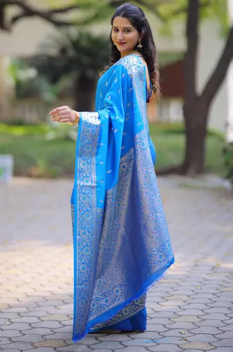 Blue soft banarasi silk zari weaving saree with matching blouse piece