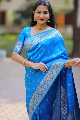Blue soft banarasi silk zari weaving saree with matching blouse piece