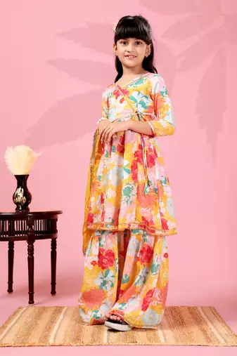 Yellow & multicolor floral printed soft crepe / poly crepe festive ethnic wear girls kurt sharara set with dupatta