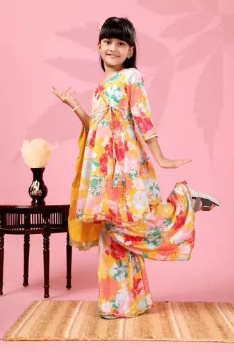 yellow crepe girls kurta sharara set with floral prints