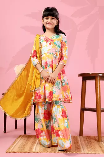 yellow crepe girls kurta sharara set with floral prints