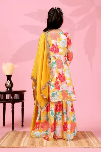 yellow crepe girls kurta sharara set with floral prints