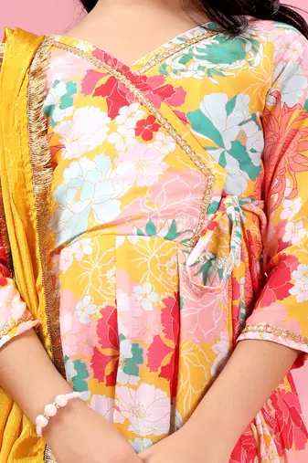 yellow crepe girls kurta sharara set with floral prints