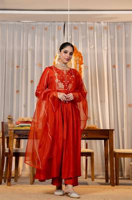 Women's Gorgeous Embroidery Work Chanderi Silk Fabric Flared Kurta Pant and Dupatta Set 1