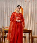 Women's Gorgeous Embroidery Work Chanderi Silk Fabric Flared Kurta Pant and Dupatta Set