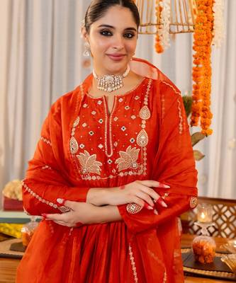 Women's Gorgeous Embroidery Work Chanderi Silk Fabric Flared Kurta Pant and Dupatta Set 2