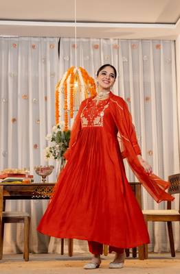 Women's Gorgeous Embroidery Work Chanderi Silk Fabric Flared Kurta Pant and Dupatta Set 3