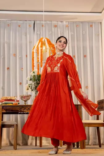 Women's Gorgeous Embroidery Work Chanderi Silk Fabric Flared Kurta Pant and Dupatta Set