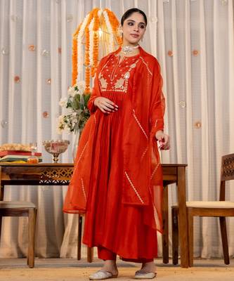 Women's Gorgeous Embroidery Work Chanderi Silk Fabric Flared Kurta Pant and Dupatta Set 4