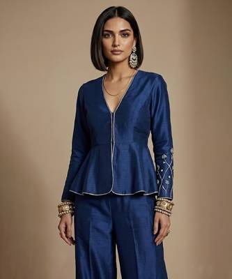 Blue embroidered raw silk co ord set 2