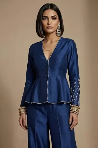 Blue embroidered raw silk co ord set