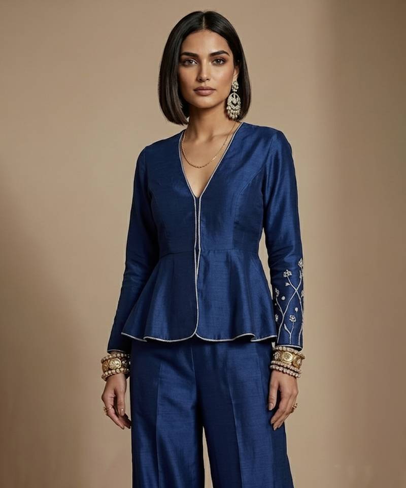 Blue embroidered raw silk co ord set